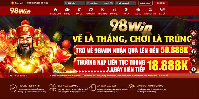 Các bước đăng nhập tài khoản thành viên 98win trên máy tính