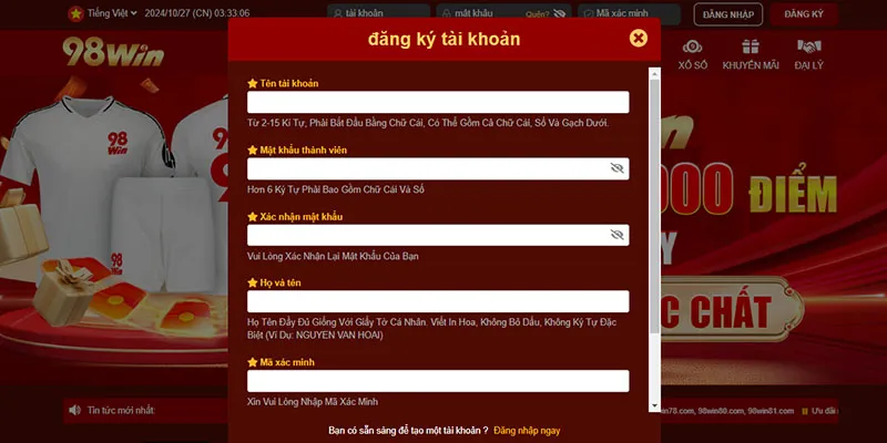 Chỉ dẫn cách cung cấp thông tin và đăng ký 98win cho người mới
